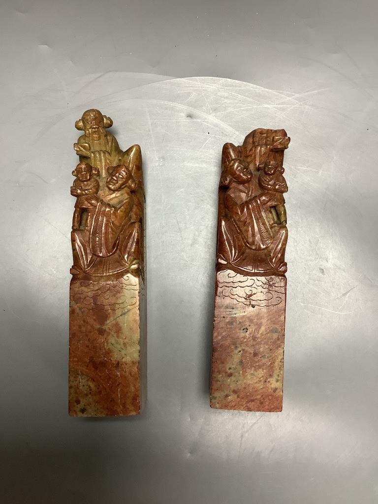 A pair of Chinese soapstone carvings and a modern Chinese plaque